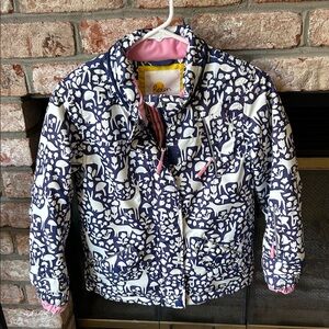 Boden Kids' Blue and White Nature Print Puffer Winter Snow Jacket Size 8-9 Years